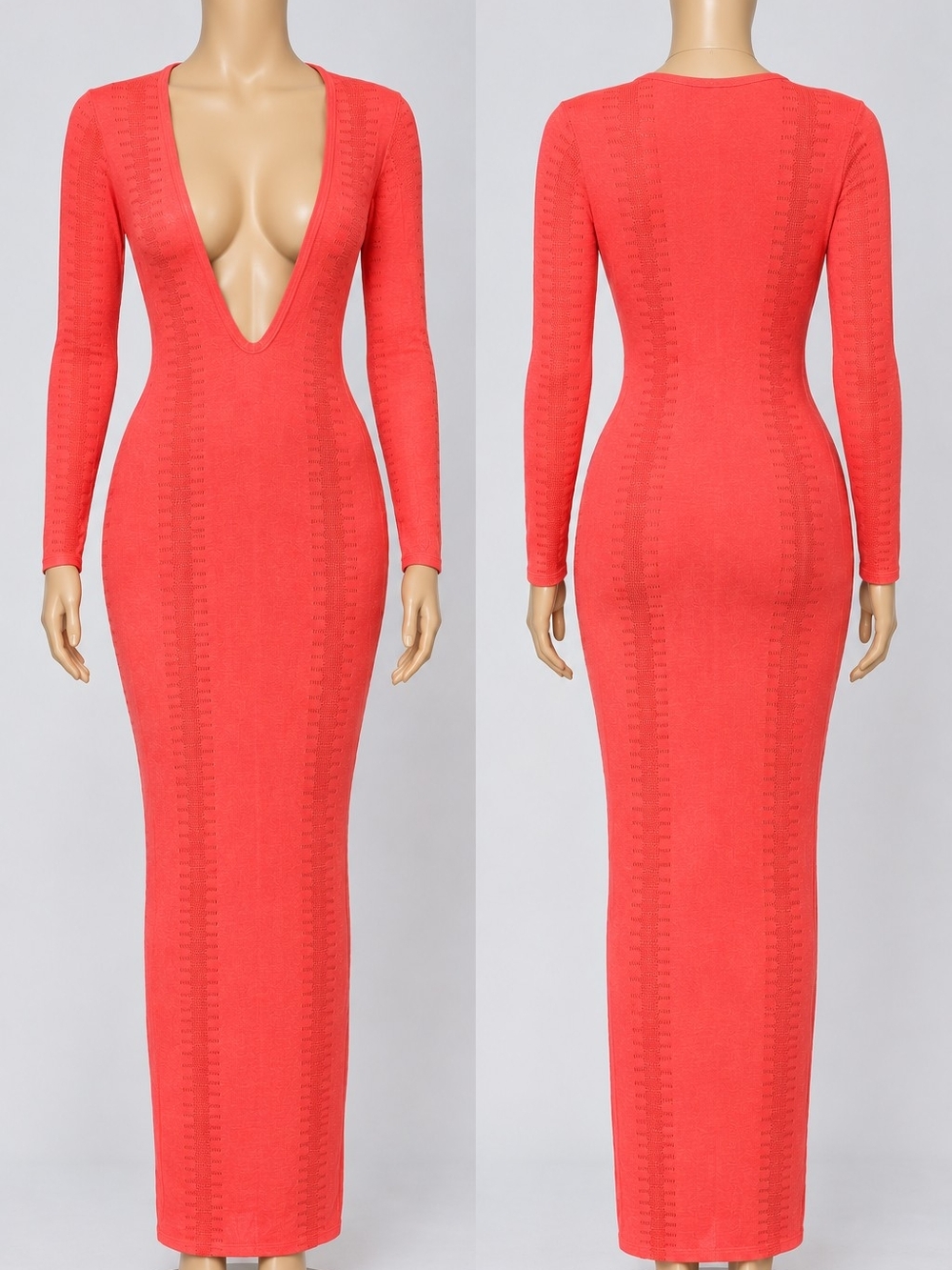JLUXLABEL Coral Long Sleeve Deep V Maxi Dress